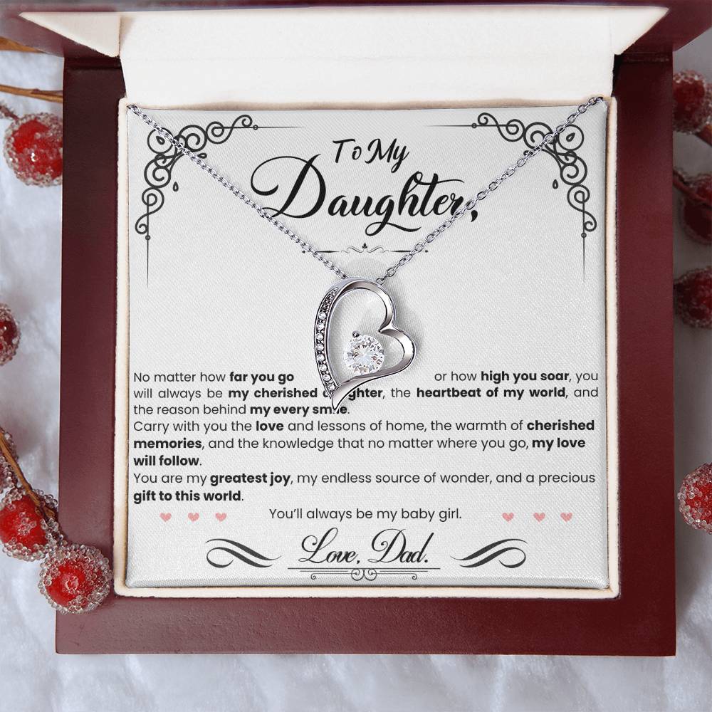 A My Cherished Daughter - Forever Love Necklace gift box from ShineOn Fulfillment with a necklace that says "Forever Love" for your cherished daughter.