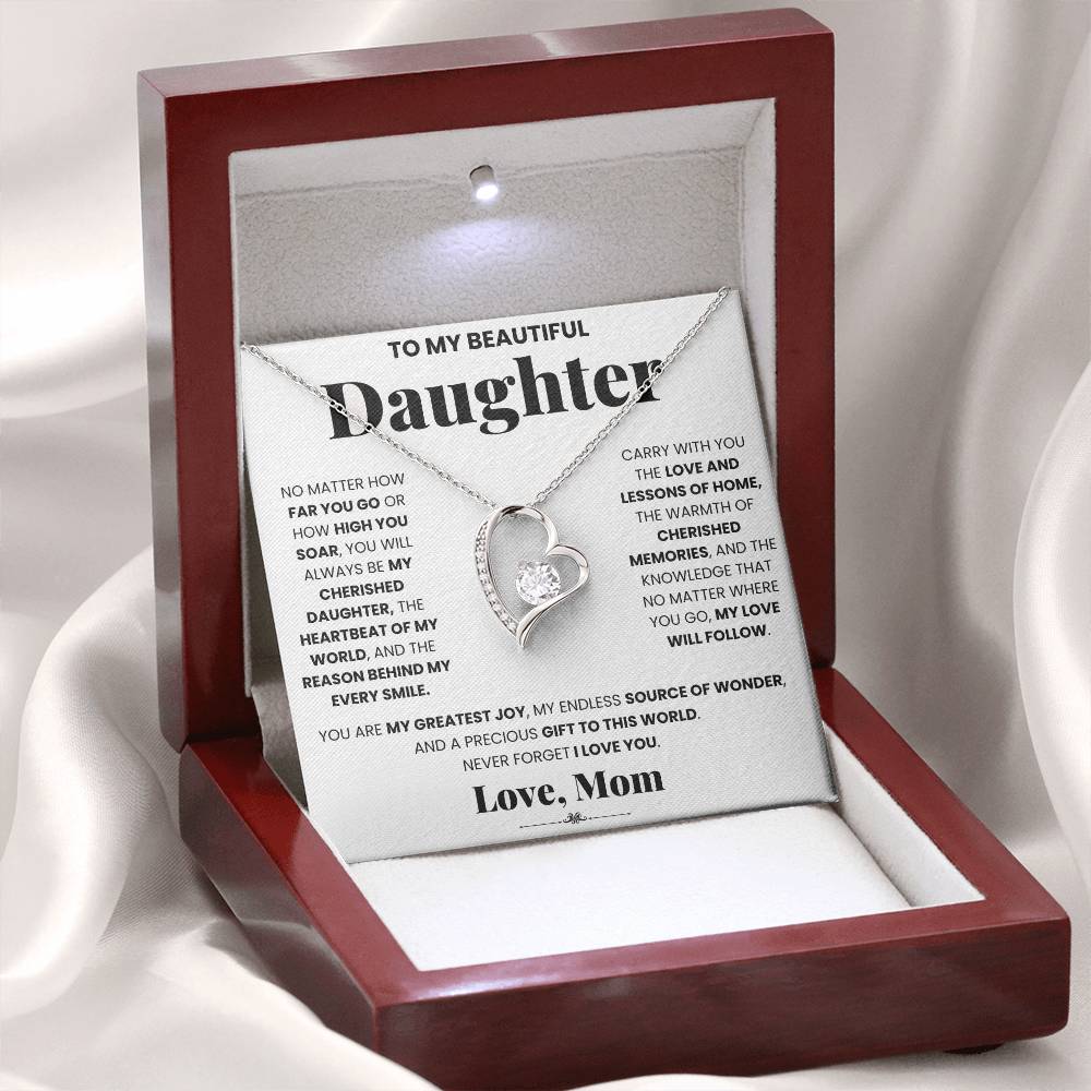 A My Cherished Daughter - Forever Love Necklace gift box with a heart pendant that says daughter, by ShineOn Fulfillment.