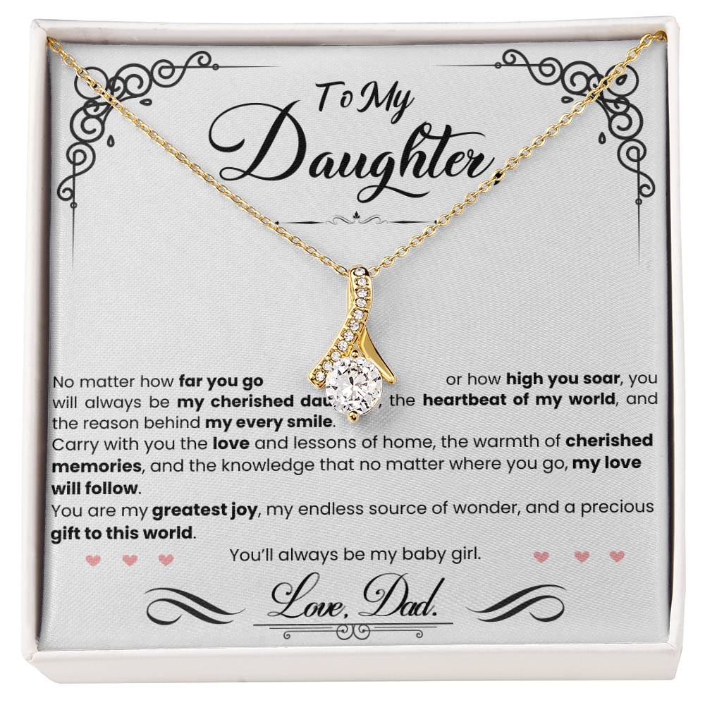 A gift box with the My Beautiful Daughter - Alluring Beauty Necklace, from ShineOn Fulfillment, and a message to my daughter.
