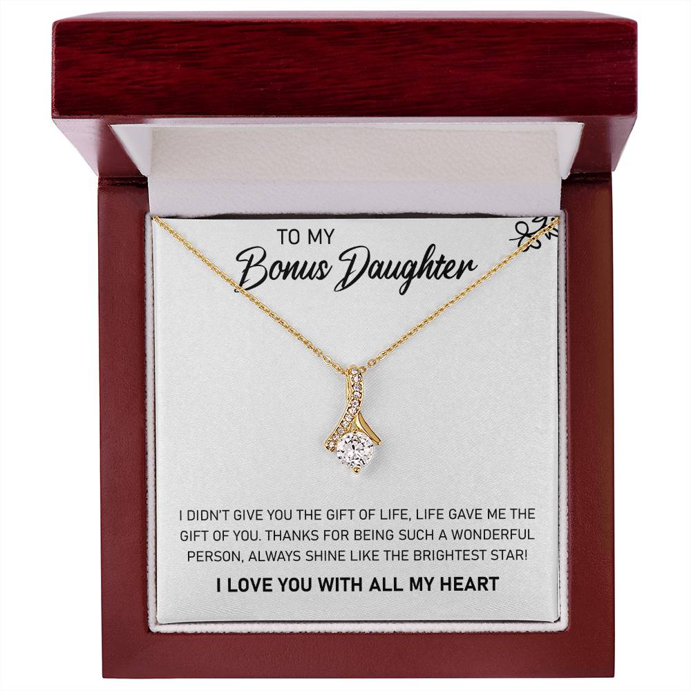 A pendant gift necklace with the inscription "To My Bonus Daughter, Always Shine Like The Brightest Star - Alluring Beauty Necklace" from ShineOn Fulfillment.