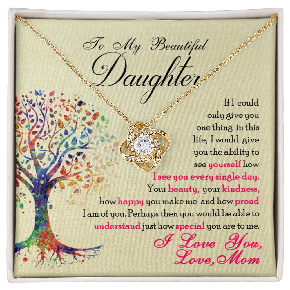 A beautiful To My Beautiful Daughter, You Are Special To Me - Love Knot Necklace pendant delicately crafted with cubic zirconia crystals, inscribed with the heartfelt message 'to my beautiful daughter', presented in a gift box by ShineOn Fulfillment.