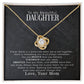 To My Beautiful Daughter, You Are Braver Than You Believe - Love Knot Necklace pendant with cubic zirconia crystals by ShineOn Fulfillment.