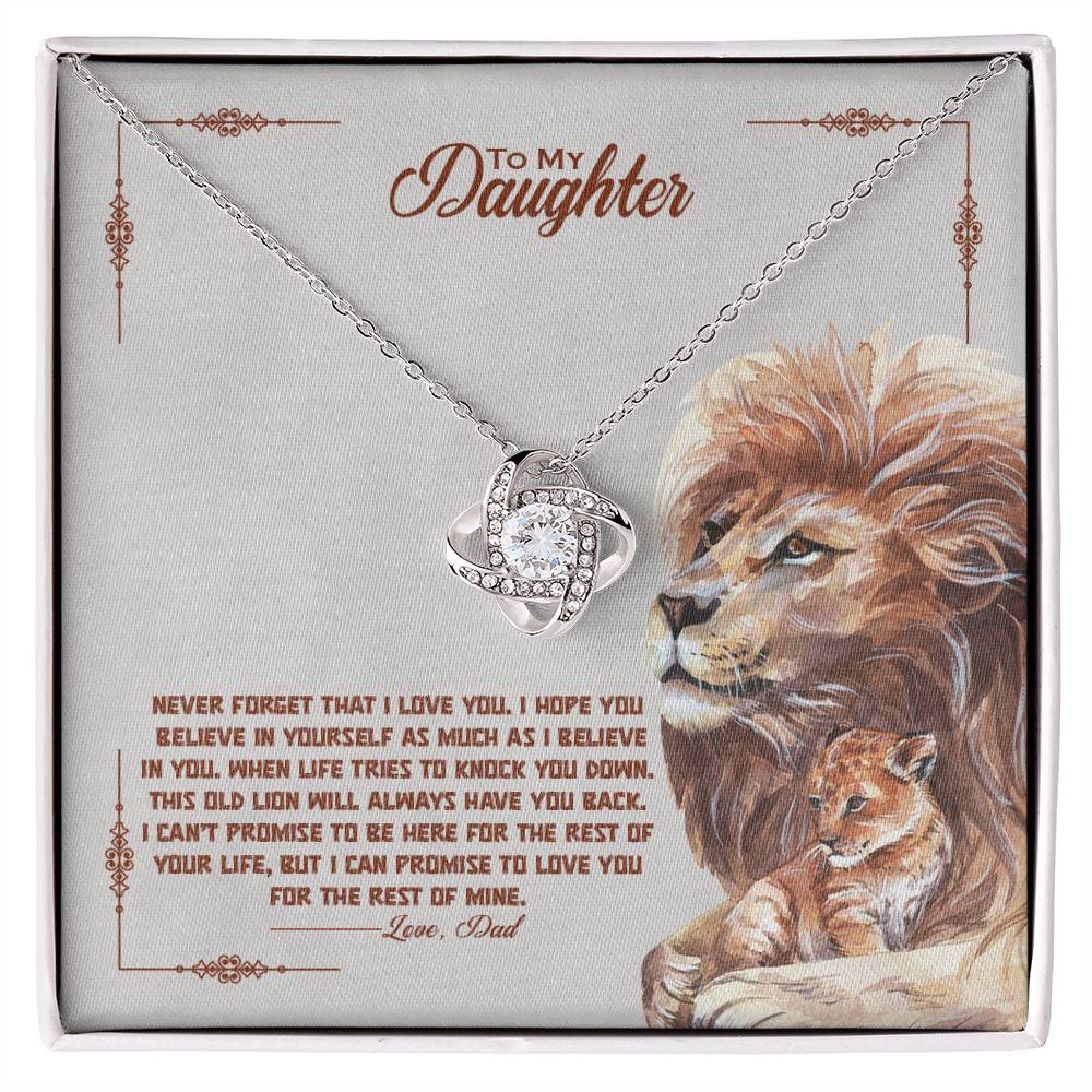 A To My Beautiful Daughter, I Promise To Love You For The Rest Of My Life - Love Knot Necklace with a pendant depicting a lion and a lioness, beautifully embellished with cubic zirconia crystals, made by ShineOn Fulfillment.