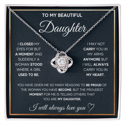 To My Daughter, I Will Always Carry You In My Heart - Love Knot Necklace from ShineOn Fulfillment with cubic zirconia crystals pendant for my beautiful daughter.