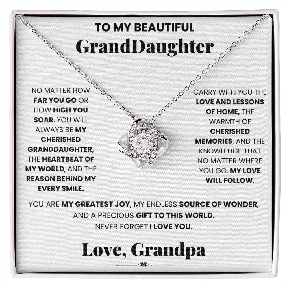 This elegant ShineOn Fulfillment - Cherished Granddaughter Grandpa Love Knot Necklace gift box features a stunning pendant adorned with cubic zirconia crystals, specifically designed for my beautiful granddaughter.
