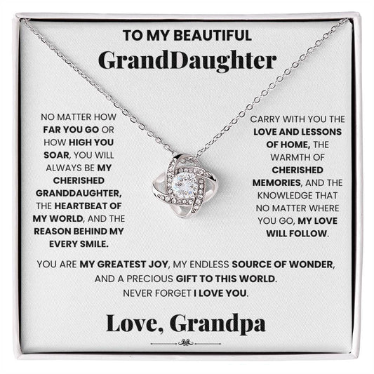 This elegant ShineOn Fulfillment - Cherished Granddaughter Grandpa Love Knot Necklace gift box features a stunning pendant adorned with cubic zirconia crystals, specifically designed for my beautiful granddaughter.