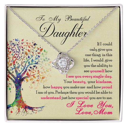 A To My Beautiful Daughter, You Are Special To Me - Love Knot Necklace from ShineOn Fulfillment with a pendant that features the words to my beautiful daughter, adorned with cubic zirconia crystals.