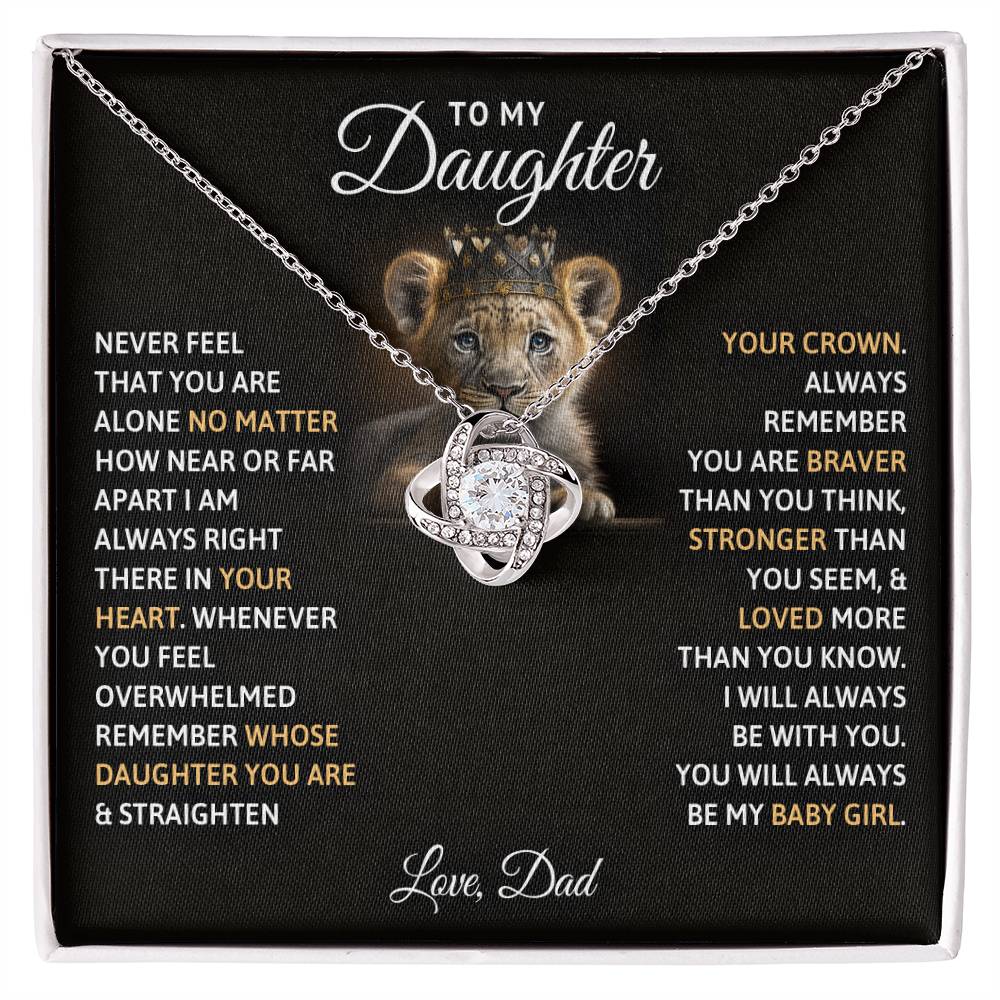 A To My Daughter, You Will Always Be My Baby Girls - Love Knot Necklace gift box with an adjustable chain length, featuring a necklace adorned with cubic zirconia crystals, beautifully engraved with the heartfelt message "To My Daughter" by ShineOn Fulfillment.