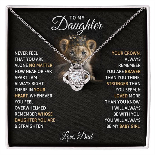 A To My Daughter, You Will Always Be My Baby Girls - Love Knot Necklace gift box with an adjustable chain length, featuring a necklace adorned with cubic zirconia crystals, beautifully engraved with the heartfelt message "To My Daughter" by ShineOn Fulfillment.