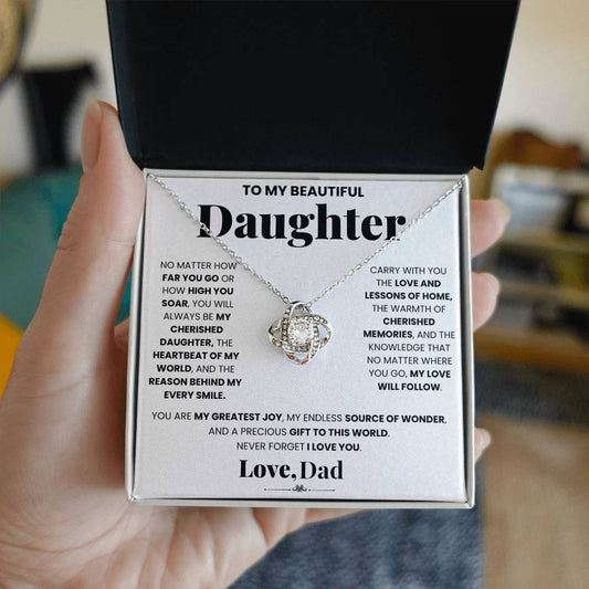 A gift box with the My Cherished Daughter - Dad - Love KNot necklace by ShineOn Fulfillment for a loved daughter.