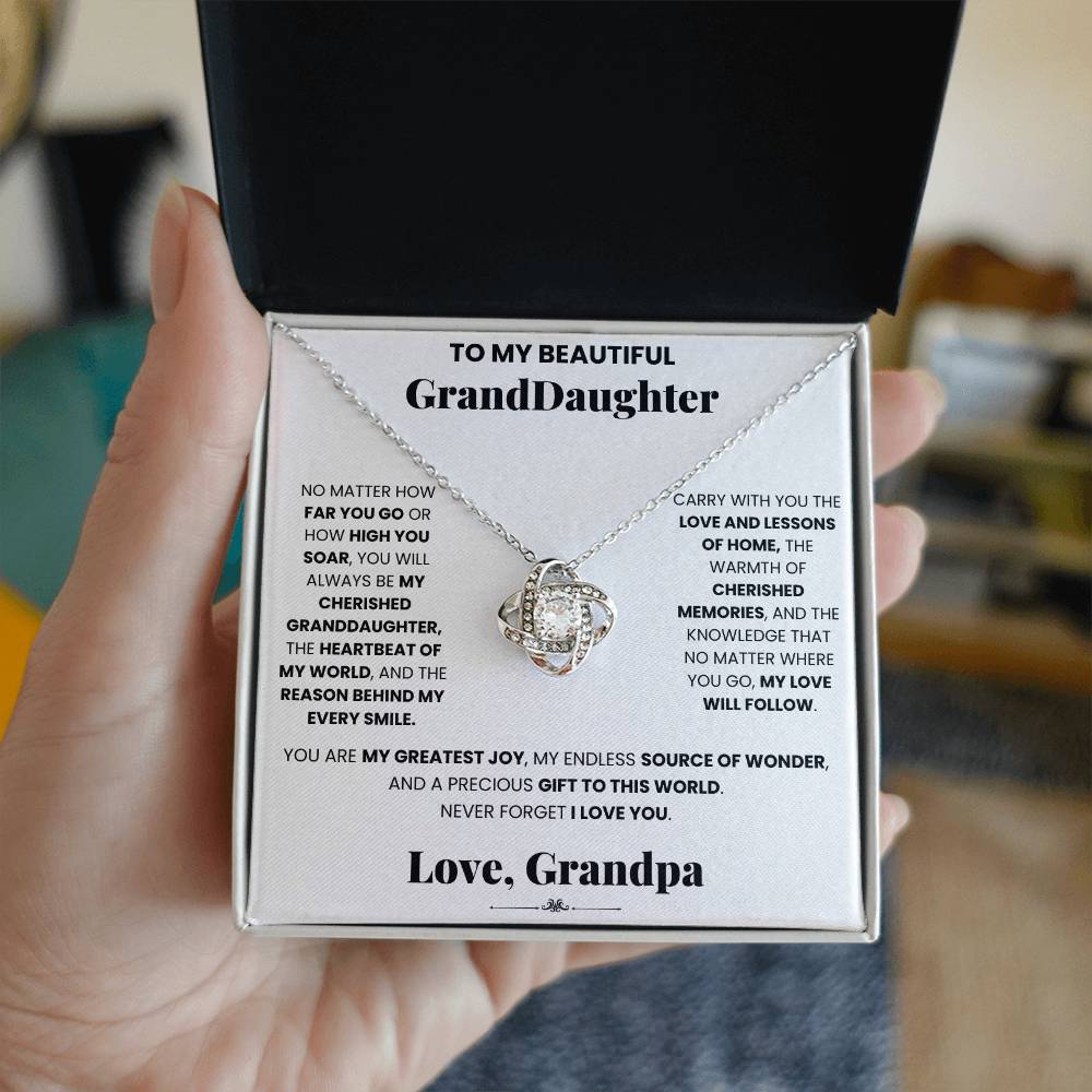 Grand daughter loves her special Cherished Granddaughter Grandpa - Love Knot Necklace adorned with cubic zirconia crystals from ShineOn Fulfillment.
