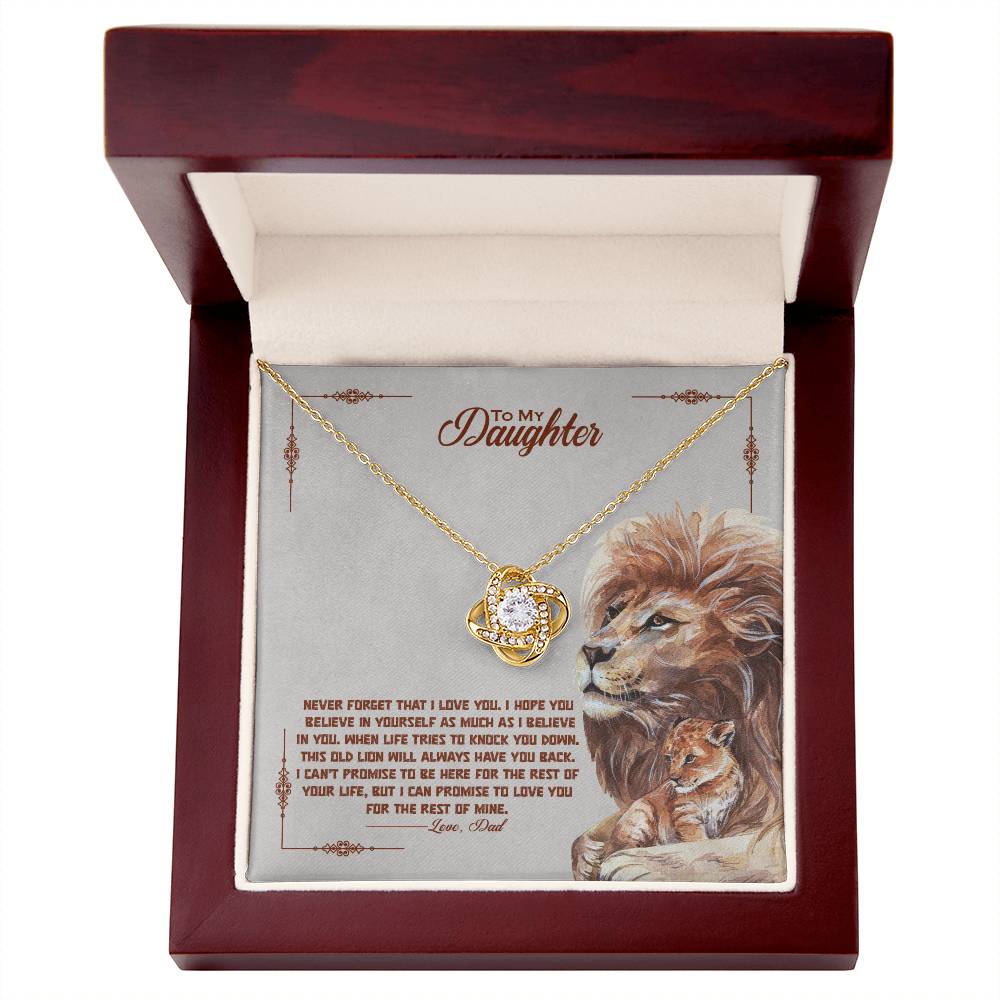 A To My Beautiful Daughter, I Promise To Love You For The Rest Of My Life - Love Knot Necklace by ShineOn Fulfillment, with pendant, featuring a lion and a lioness design, adorned with cubic zirconia crystals, elegantly presented in a wooden box.