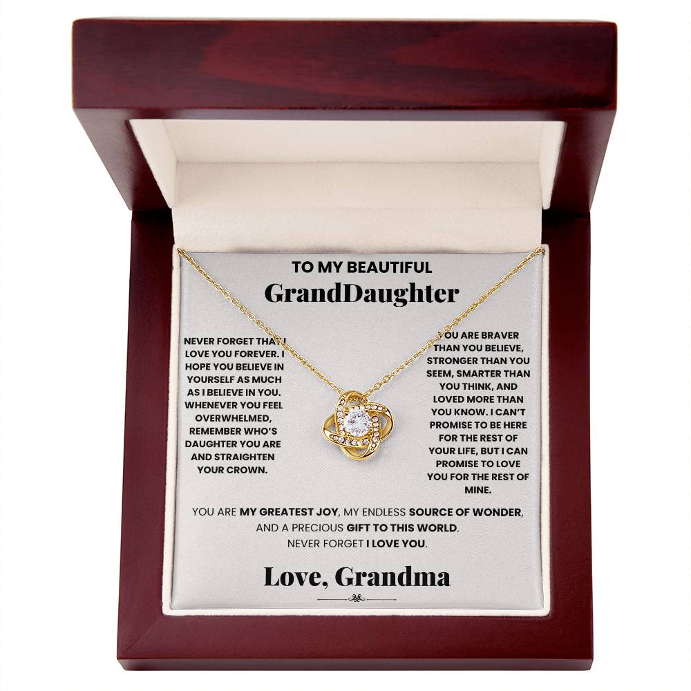 A Love forever grandma - Love Knot Necklace by ShineOn Fulfillment, with cubic zirconia crystals, nestled in a box.