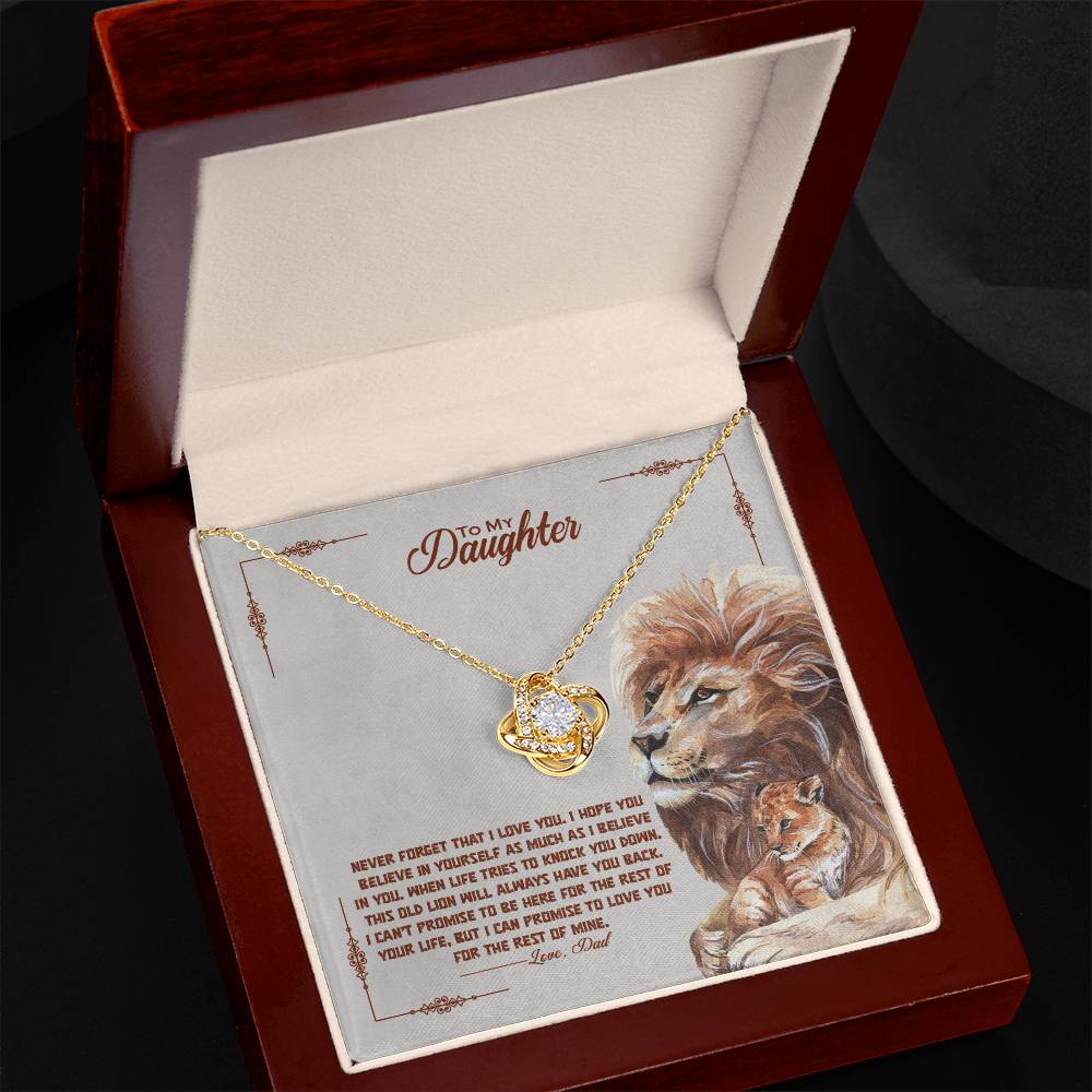 A To My Beautiful Daughter, I Promise To Love You For The Rest Of My Life - Love Knot Necklace pendant with a lion, adorned with cubic zirconia crystals, elegantly displayed in a box. [Brand Name: ShineOn Fulfillment]