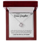 A pendant box with a "To My Bonus Daughter, Always Shine Like The Brightest Star" Love Knot Necklace adorned with cubic zirconia crystals dedicated to my beautiful daughter from ShineOn Fulfillment.