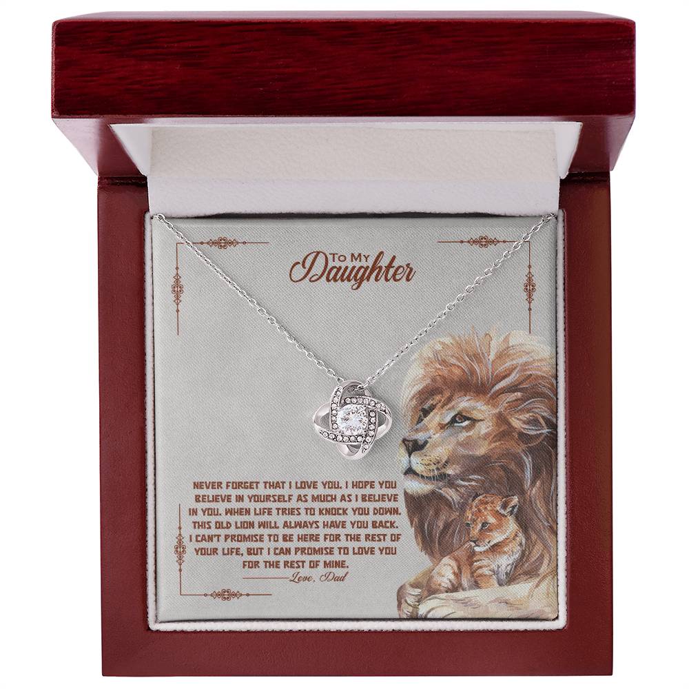 A beautifully crafted To My Beautiful Daughter, I Promise To Love You For The Rest Of My Life - Love Knot Necklace from ShineOn Fulfillment featuring a majestic lion and lioness, adorned with sparkling cubic zirconia crystals. Presented in an elegant box.