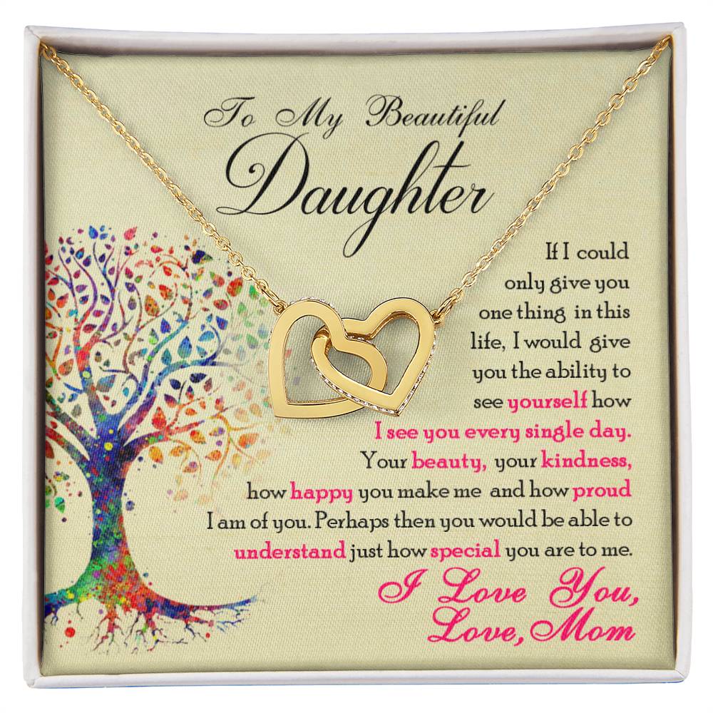 An adjustable length To My Beautiful Daughter, You Are Special To Me - Interlocking Hearts Necklace adorned with cubic zirconia crystals, that says "to my beautiful daughter" on a gift box, made by ShineOn Fulfillment.