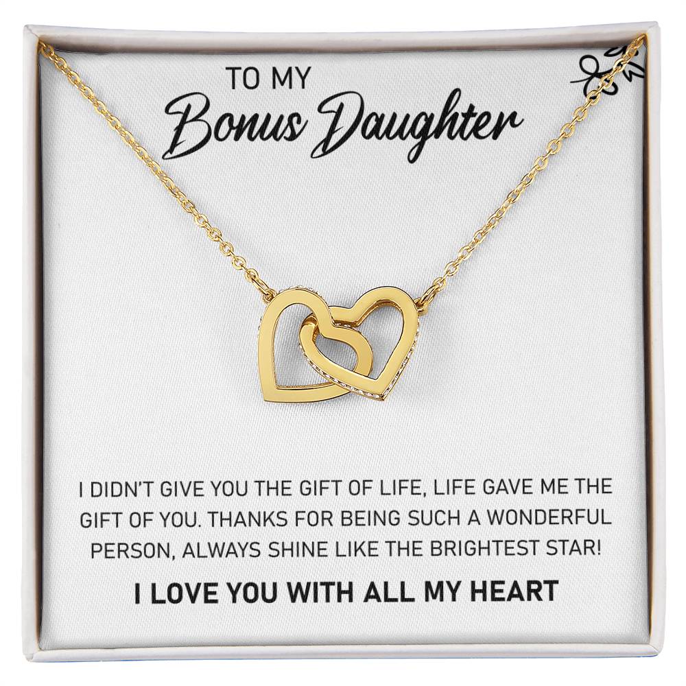 A ShineOn Fulfillment gift box expressing love for my bonus daughter, containing the "To My Bonus Daughter, Always Shine Like The Brightest Star - Interlocking Hearts Necklace.