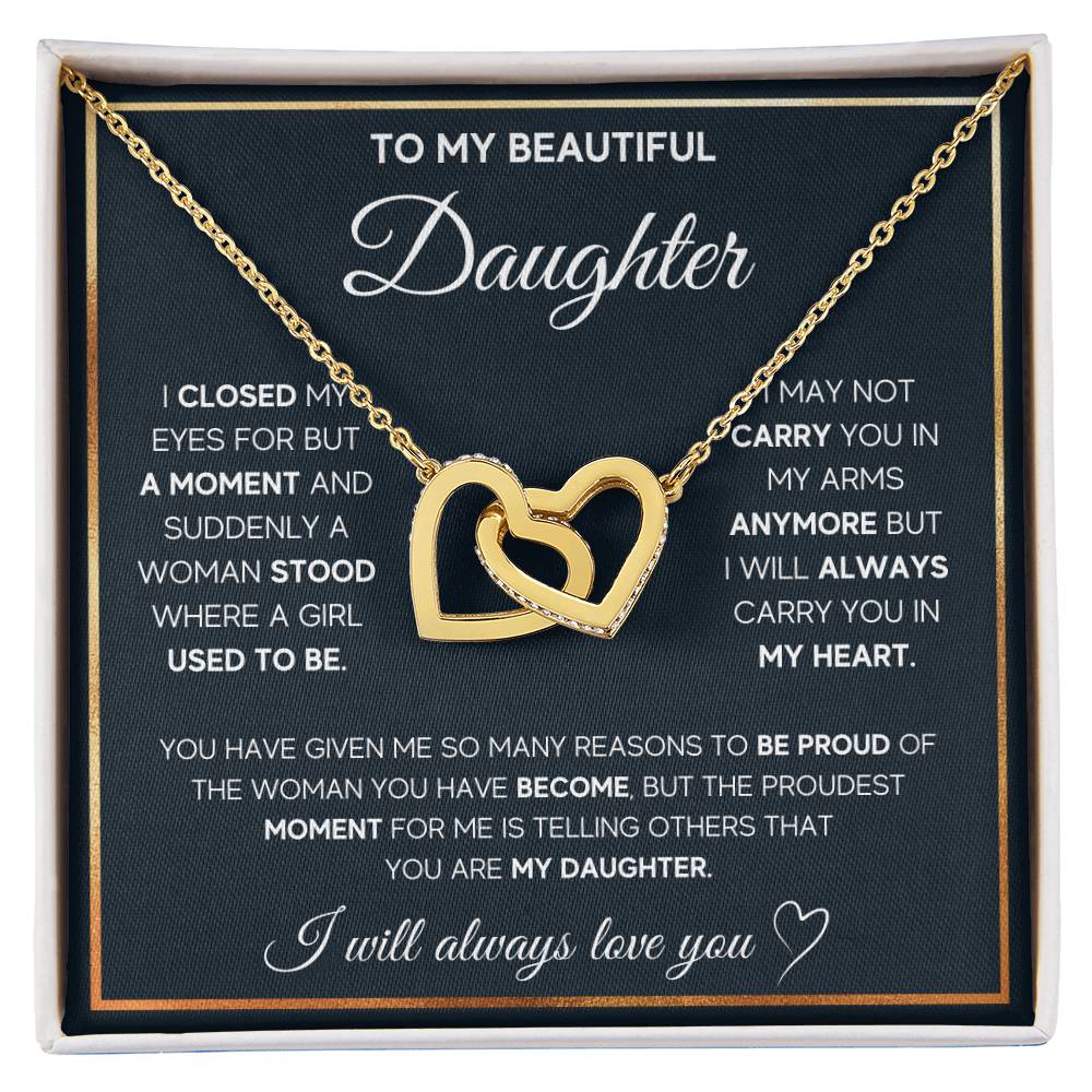 This gift box features a "To My Daughter, I Will Always Carry You In My Heart - Interlocking Hearts Necklace" from ShineOn Fulfillment adorned with cubic zirconia crystals, a heartfelt token for my beautiful daughter.