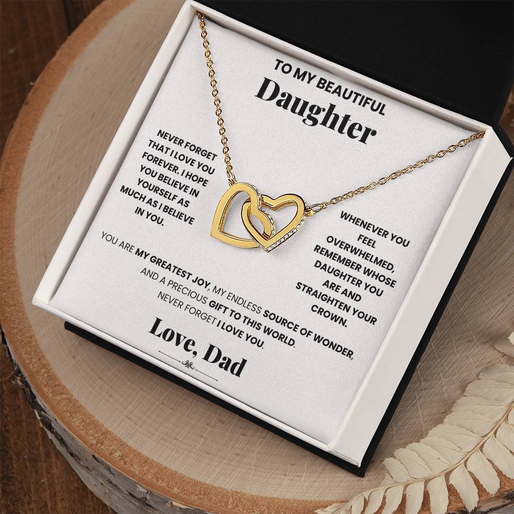 A Love Forever Dad - Interlocking Hearts Necklace gift box from ShineOn Fulfillment featuring a gold heart necklace and a heartfelt gift card.