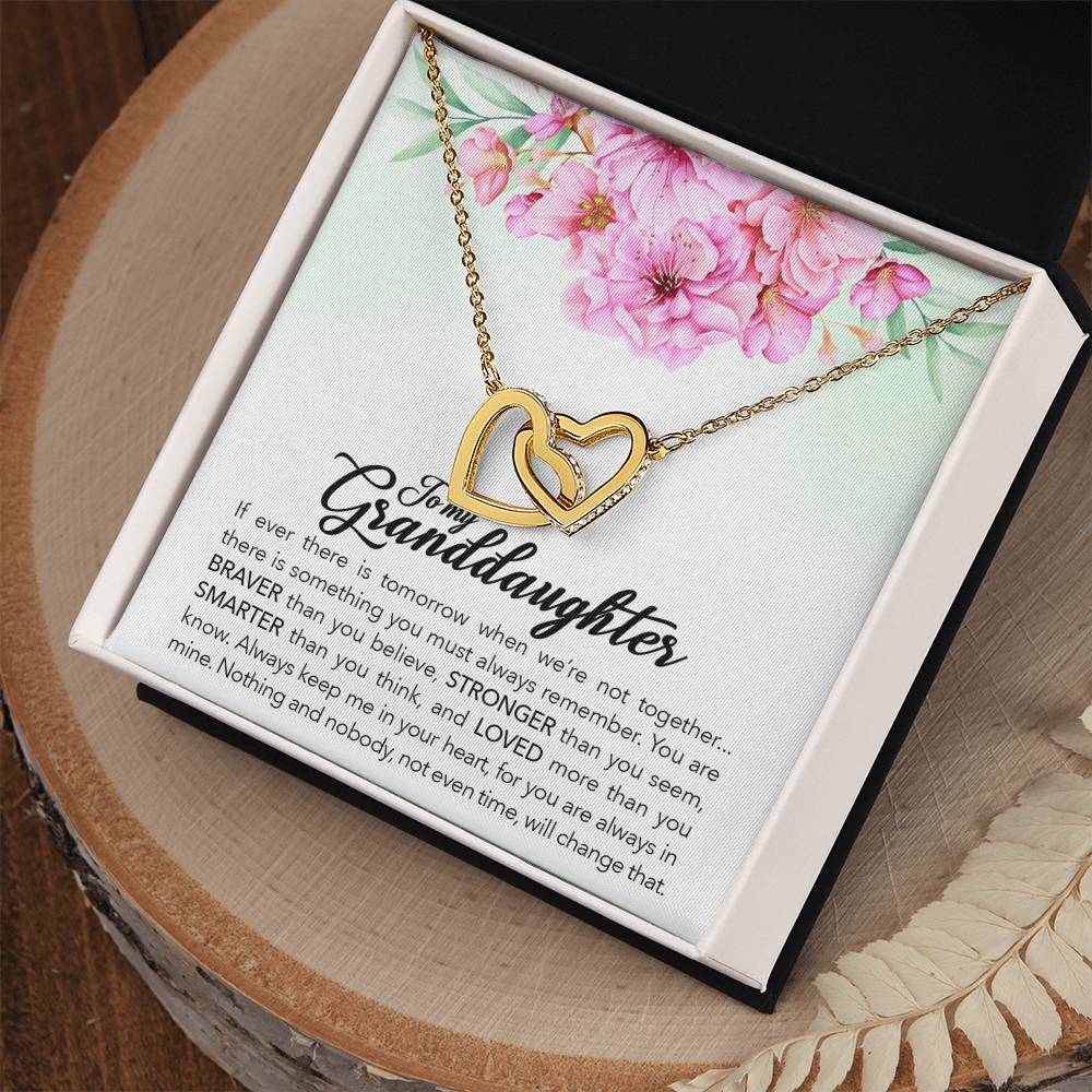A gift box with a "To My Granddaughter, Always Keep Me In Your Heart" - Interlocking Hearts Necklace by ShineOn Fulfillment brand and a gift card.