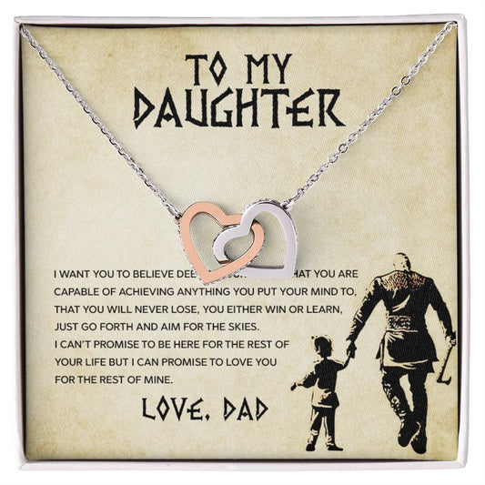 A To My Daughter, You Will Never Lose - Interlocking Hearts Necklace with the words "to my daughter" engraved, nestled inside a beautifully wrapped gift box from ShineOn Fulfillment.