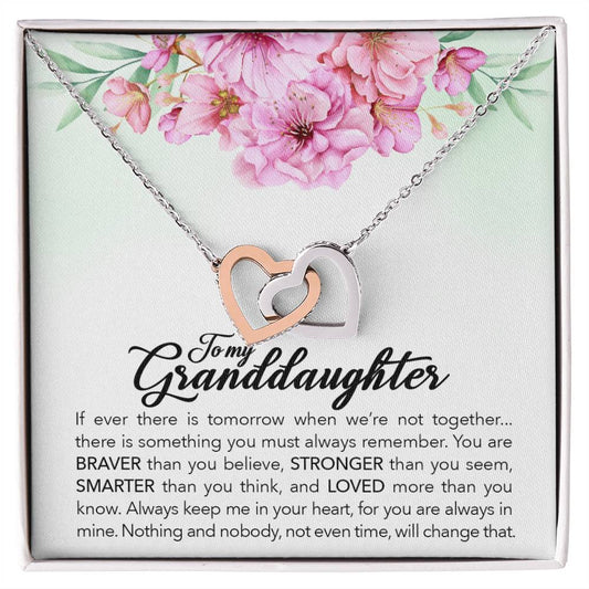 Give your granddaughters a beautifully packaged gift box containing an exquisite To My Granddaughter, Always Keep Me In Your Heart, - Interlocking Hearts Necklace from ShineOn Fulfillment. The pendant features stunning cubic zirconia crystals, symbolizing endless love.