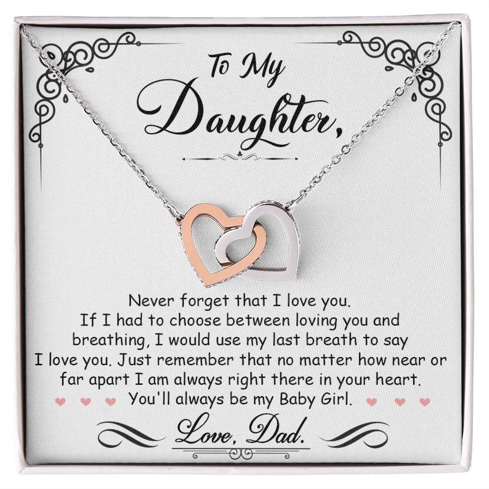 A love-themed gift box featuring a ShineOn Fulfillment Interlocking Hearts Necklace inscription "to my daughter, never forget that you love me.