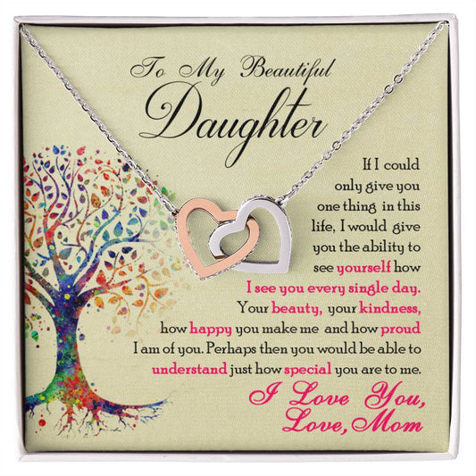 An adjustable length necklace with interlocking hearts and cubic zirconia crystals, featuring the words "To My Beautiful Daughter" - ShineOn Fulfillment's "To My Beautiful Daughter, You Are Special To Me - Interlocking Hearts Necklace".