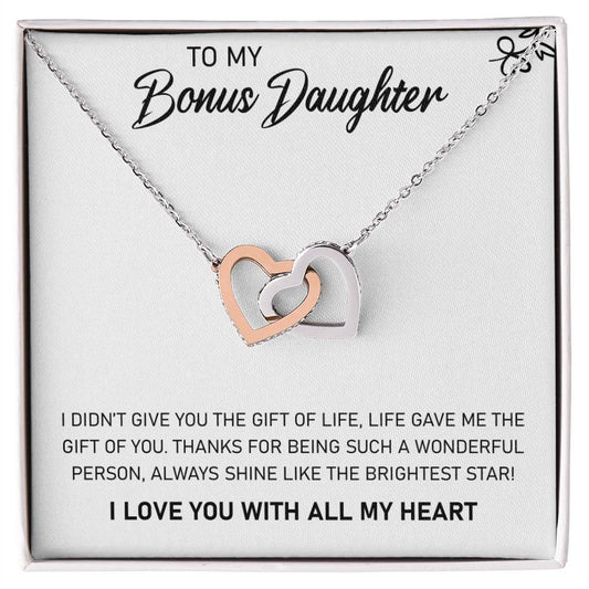 Show your love with a ShineOn Fulfillment To My Bonus Daughter, Always Shine Like The Brightest Star - Interlocking Hearts Necklace gift.