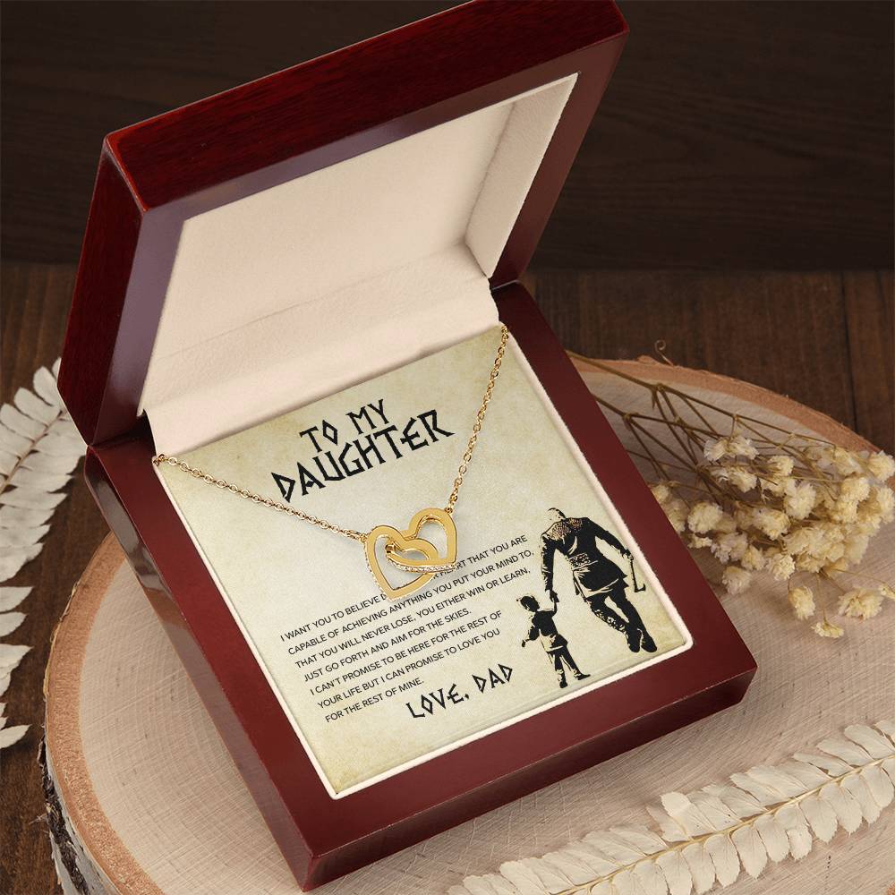 A heart-themed gift box with the "To My Daughter, You Will Never Lose - Interlocking Hearts Necklace" adorned with cubic zirconia and a heartfelt gift card from ShineOn Fulfillment.