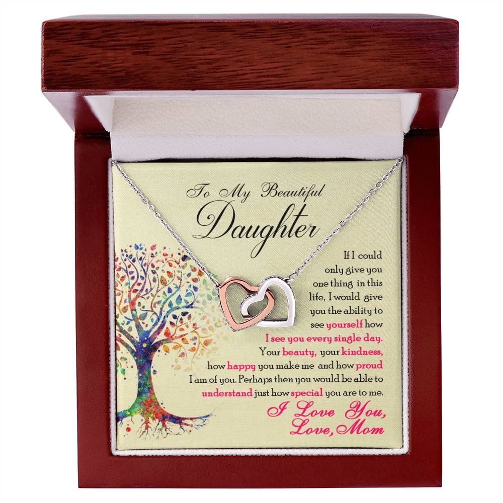 I love my To My Beautiful Daughter, You Are Special To Me - Interlocking Hearts Necklace in a wooden box with adjustable length from ShineOn Fulfillment.
