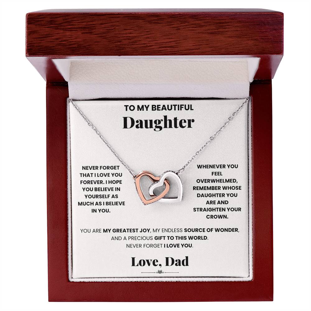 This ShineOn Fulfillment love-filled gift box contains a Love forever Dad - Interlocking Hearts Necklace engraved with the words "to my daughter.
