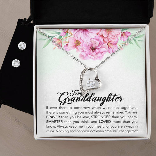 A gift box with a To My Granddaughter, Always Keep Me In Your Heart, - Forever Love Necklace from ShineOn Fulfillment and Cubic Zirconia earring set for granddaughter.