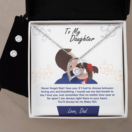A gift box with a "To My Daughter, You'll Always Be My Baby Girl - Forever Love Necklace" by ShineOn Fulfillment and a card for a daughter.