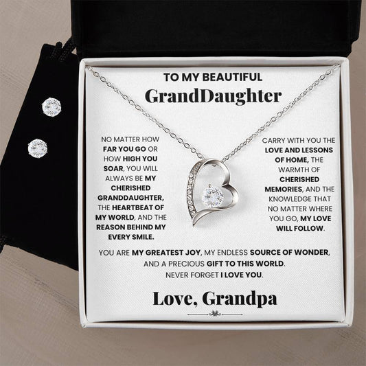 A beautiful gift box with a Cherished Granddaughter Grandpa - Forever Love Necklace adorned with cubic zirconia for your granddaughter from ShineOn Fulfillment.