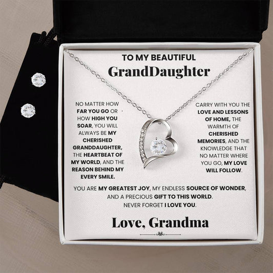 A gift box with a Cherished Granddaughter Grandma - Forever Love Necklace and a dazzling sparkle Cubic Zirconia earring set by ShineOn Fulfillment.