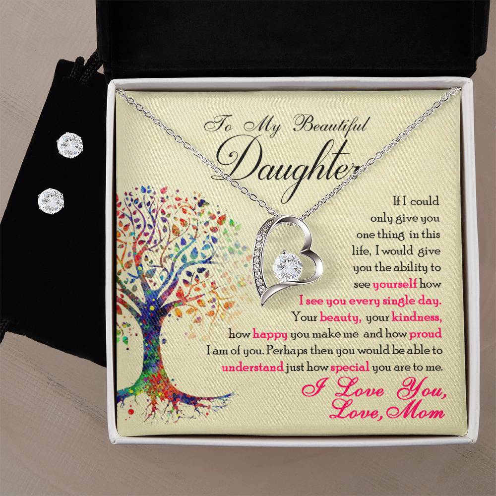 A sparkling ShineOn Fulfillment To My Beautiful Daughter, You Are Special To Me - Forever Love Necklace elegantly presented in a box.