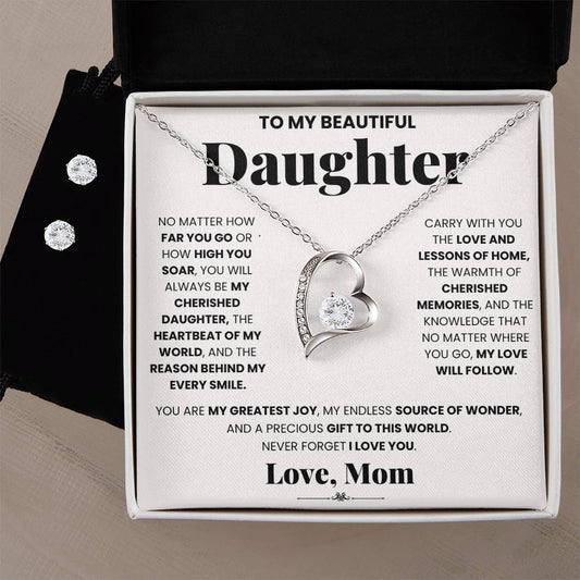 A special offering gift box featuring a My Cherished Daughter - Forever Love Necklace and Earrings from ShineOn Fulfillment, and a card that says to my beautiful daughter.