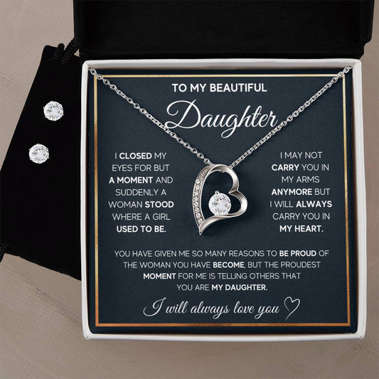 A beautiful gift box with a stunning "To My Daughter, I Will Always Carry You In My Heart - Forever Love Necklace" necklace and earrings for my daughter from ShineOn Fulfillment.