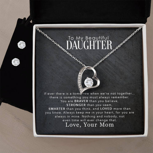 A gift box with a "To My Beautiful Daughter, You Are Braver Than You Believe - Forever Love" necklace from ShineOn Fulfillment and a Cubic Zirconia earring set for a daughter.