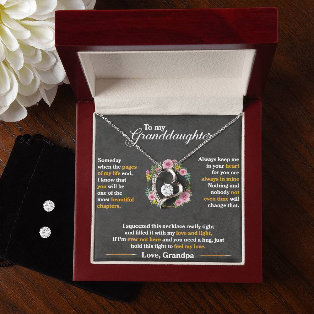 A gift box with a To My Granddaughter, Hold This Tight To Feel My Love - Forever Love Necklace and earrings for grandma by ShineOn Fulfillment.