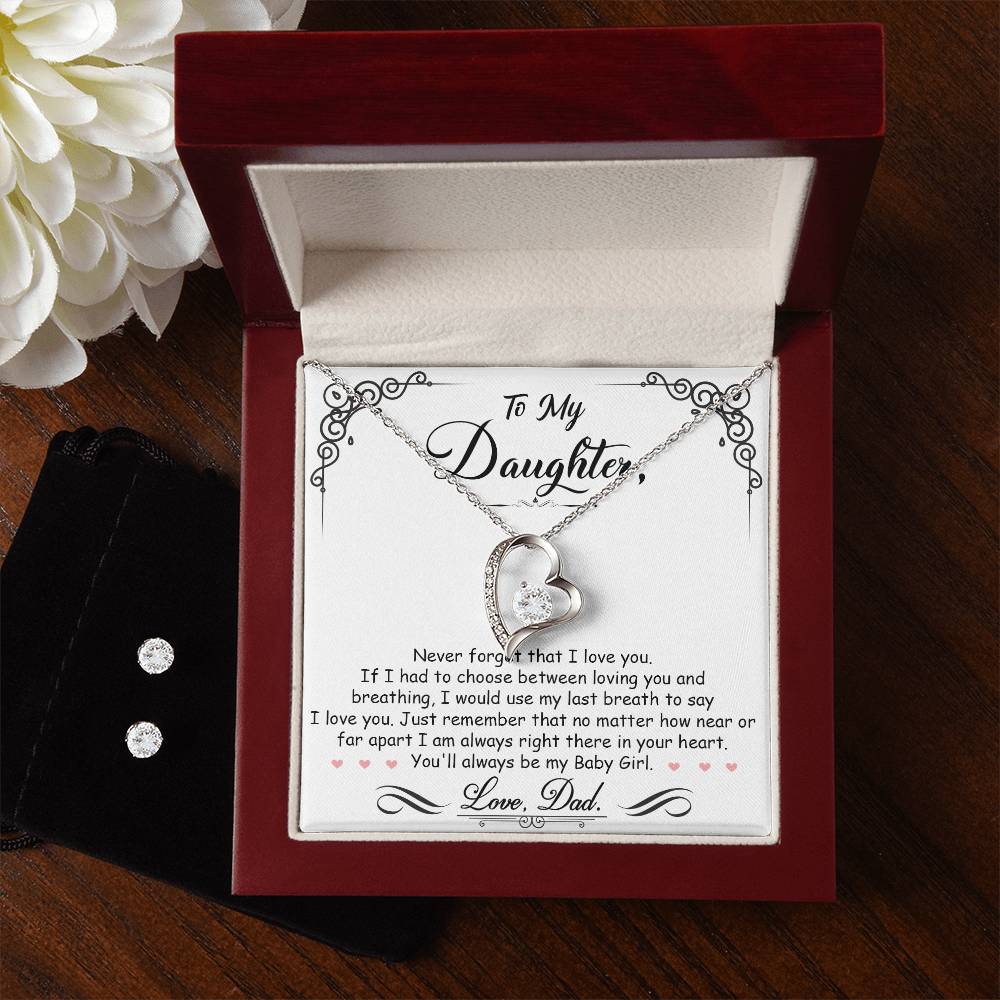 Surprise your daughter with a sparkling gift box containing the dazzling "To My Daughter, I'm Always Right Here In Your Heart - Forever Love Necklace" from ShineOn Fulfillment and a stylish Cubic Zirconia Earring Set.