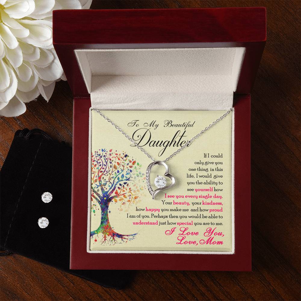 A sparkling gift box with a To My Beautiful Daughter, You Are Special To Me - Forever Love Necklace by ShineOn Fulfillment and a gift card.