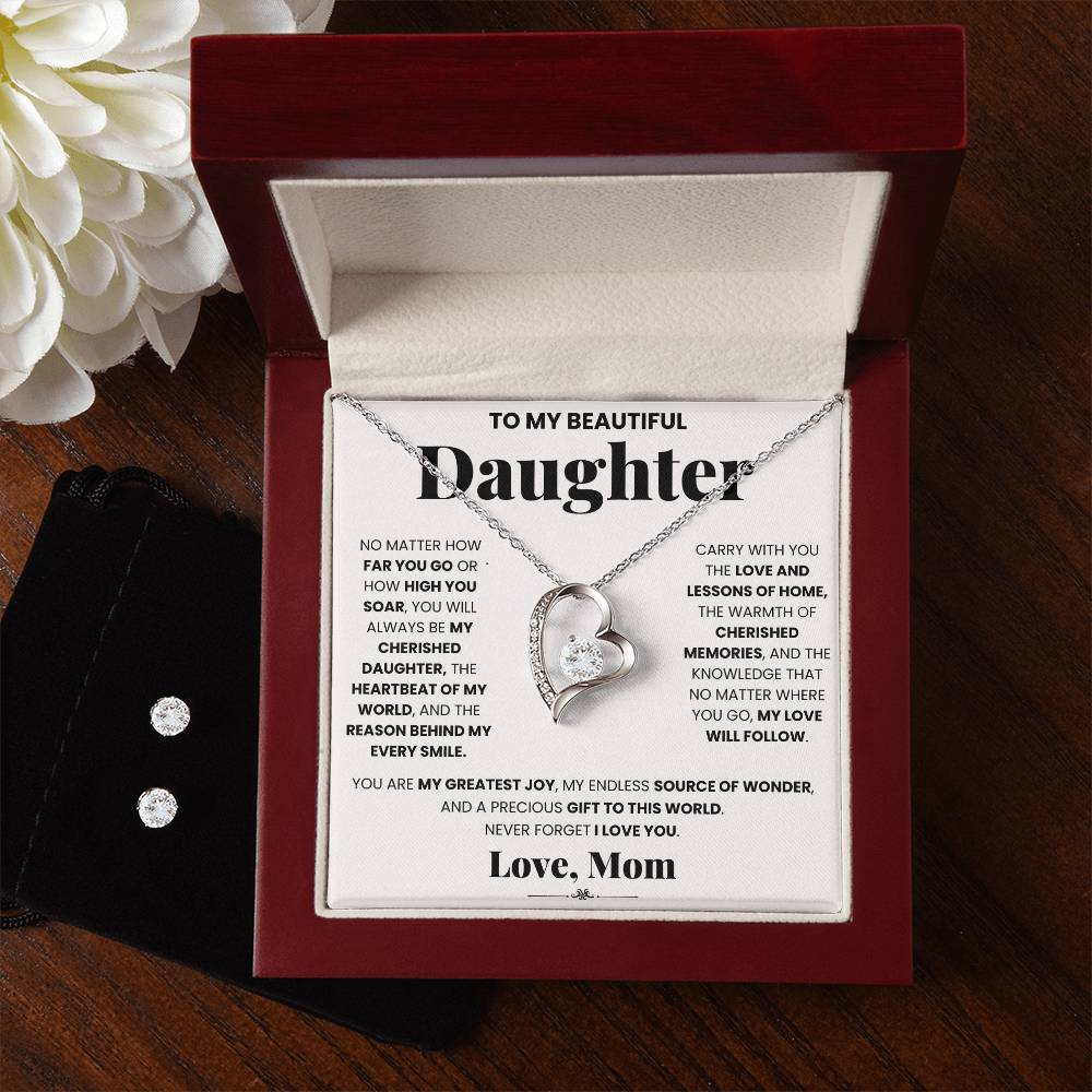 Give your daughter a special offering with this gift box featuring the exquisite My Cherished Daughter - Forever Love Necklace and Earrings set from ShineOn Fulfillment.