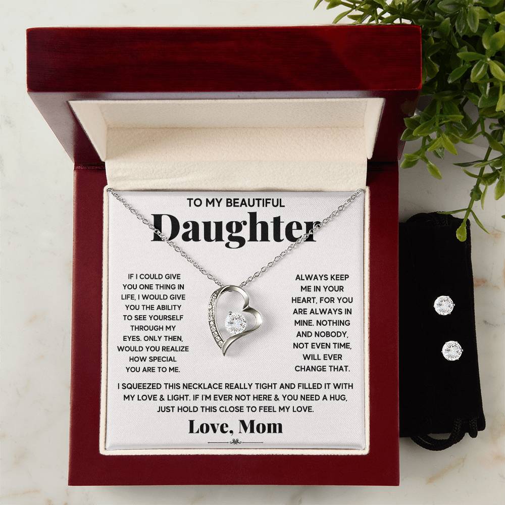 This elegant gift box contains a stunning To My Beautiful Daughter, Just Hold This To Feel My Love - Forever Love Necklace adorned with sparkling Cubic Zirconia, perfect for a beautiful daughter. It is provided by ShineOn Fulfillment.