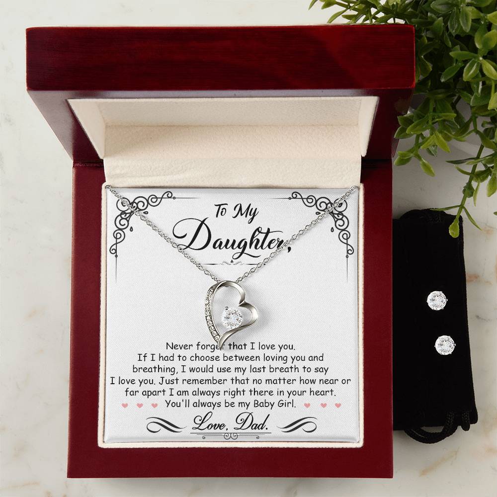 A sparkling gift box with a To My Daughter, I'm Always Right Here In Your Heart - Forever Love Necklace by ShineOn Fulfillment and a poem for a daughter.