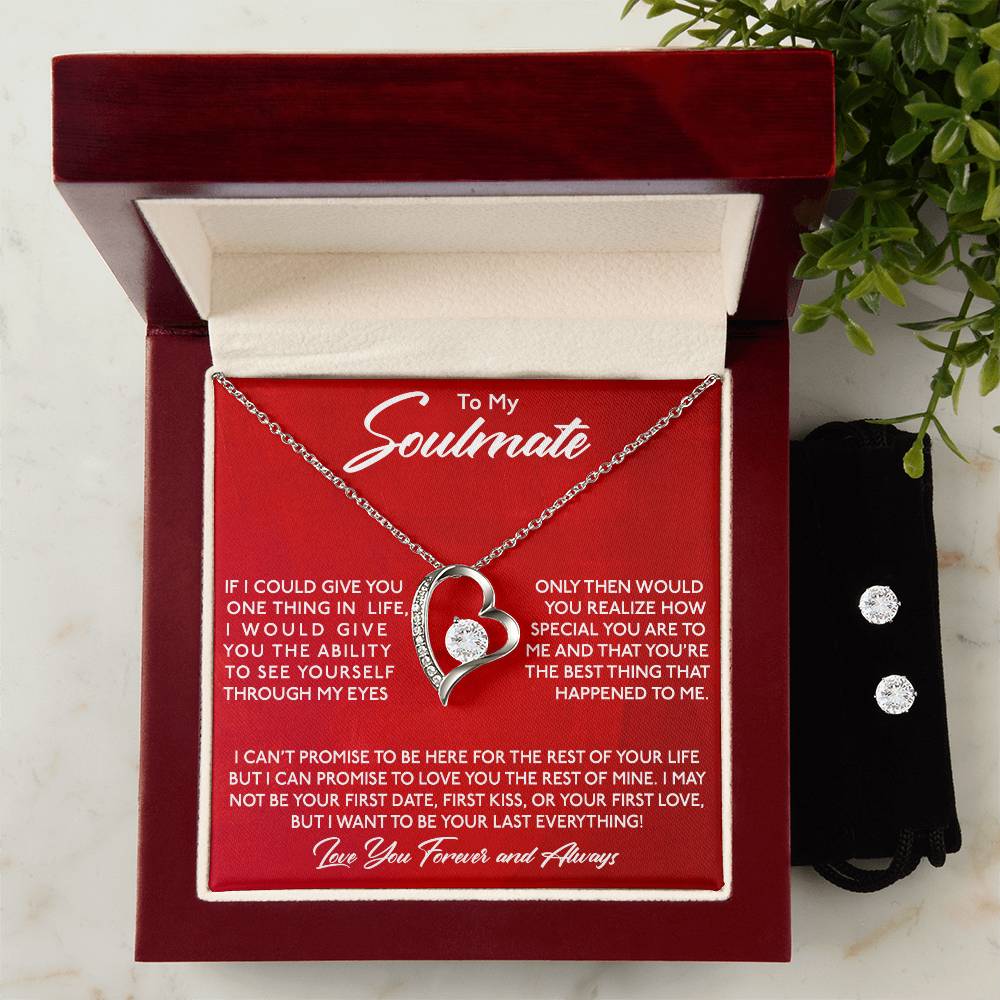 The "To My Soulmate, You Are Special To Me - Forever Love Necklace" by ShineOn Fulfillment, with its silver heart shape and a 14k white gold finish, is beautifully presented in a red box. Inside, the heartfelt message declares someone as their soulmate and the best thing in their life. The open box reveals a matching Cubic Zirconia Earring Set positioned nearby.