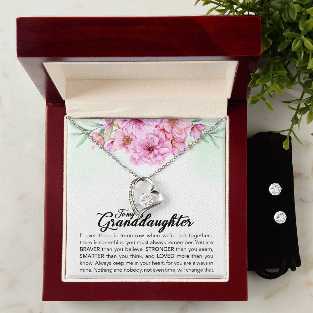Please modify the description and include only one or two of the following keywords: 14k white gold finish, Cubic Zirconia Earring Set, To My Granddaughter, Always Keep Me In Your Heart - Forever Love Necklace by ShineOn Fulfillment.
