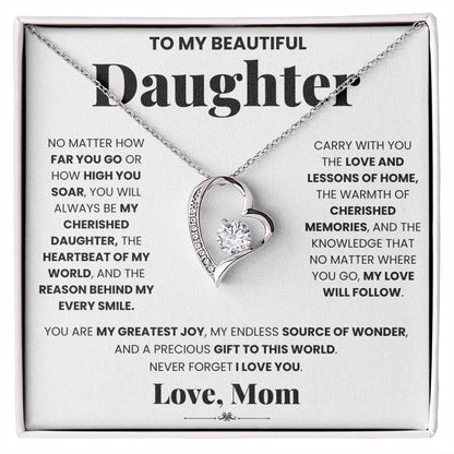A heart pendant box with a My Cherished Daughter - Forever Love Necklace from ShineOn Fulfillment that says to my beautiful daughter.